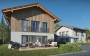 Moderne Architektur mit Holzfassade und sonniger Terrasse