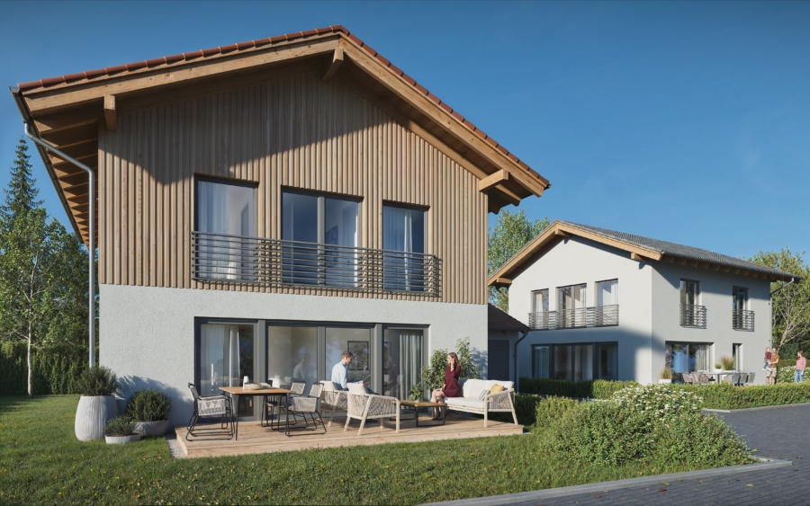 Moderne Architektur mit Holzfassade und sonniger Terrasse